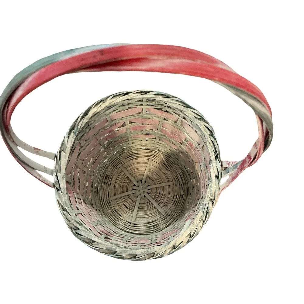Vintage Woven Wicker Basket Red Green Small Round Handle Farmhouse Decor 10x5.5